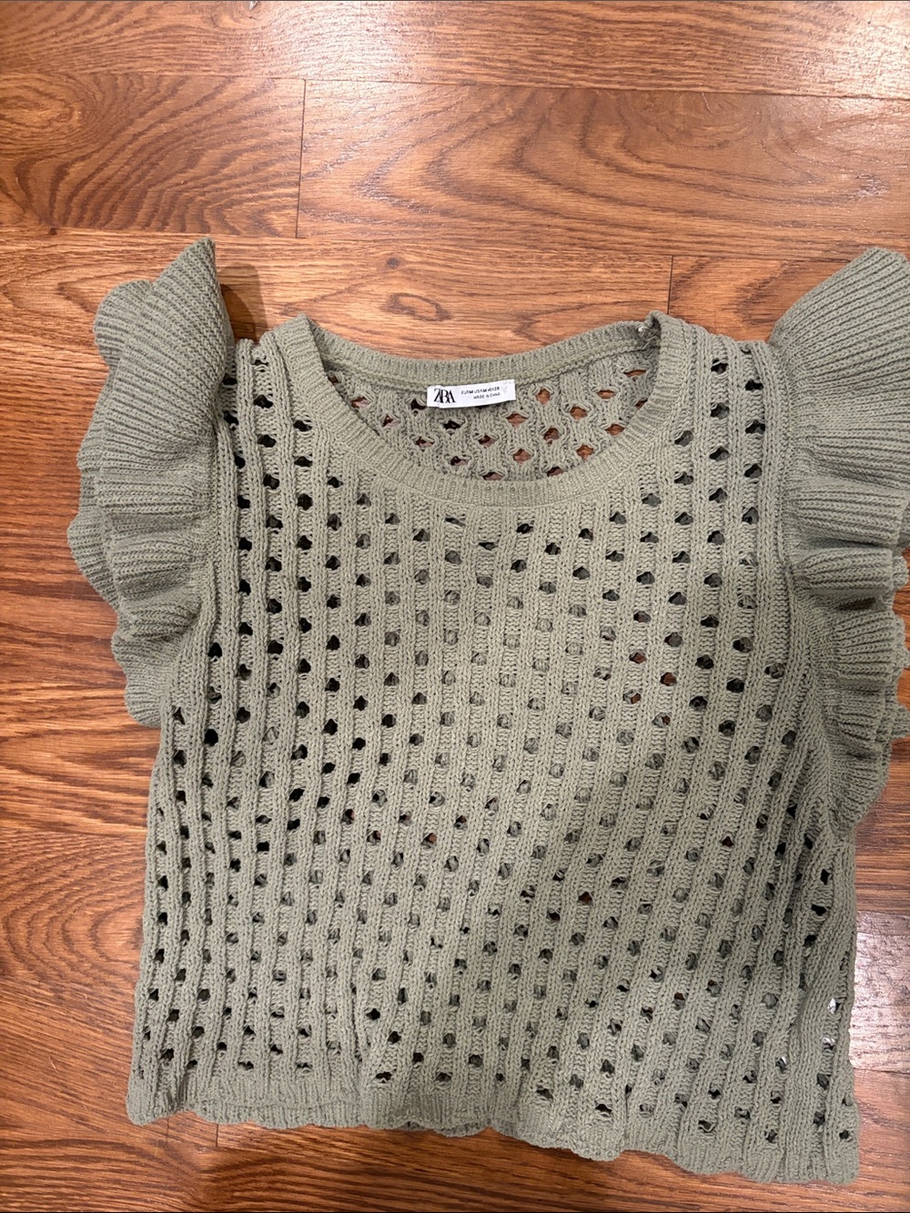 Zara Sage Green Ruffle Sleeve Open-Knit Top